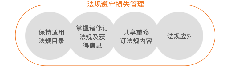 적용법규 목록유지 > 제ㆍ개정 법규 파악 및 정보 입수 > 제ㆍ개정 법규 내용 공유 > 법규대응 > 법규준수 손실관리